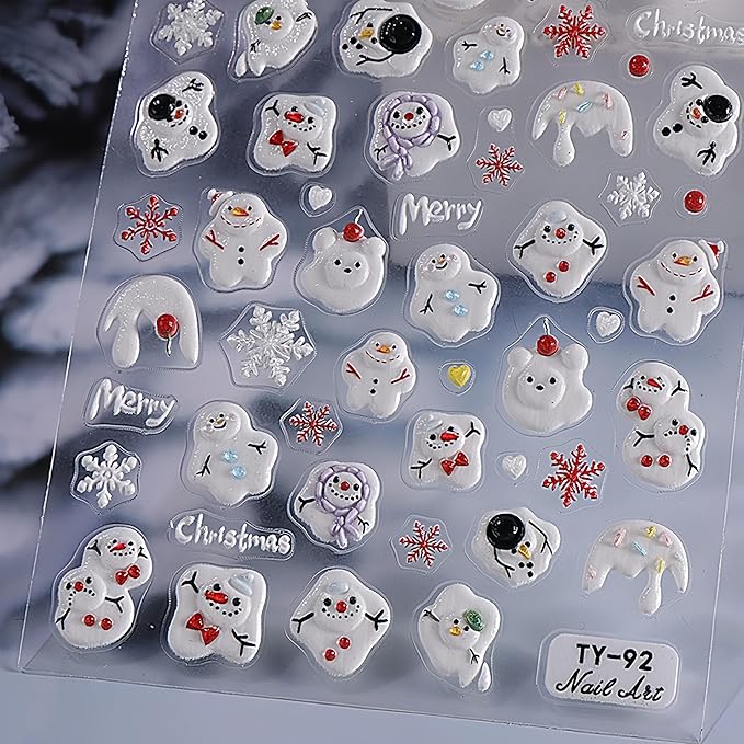 Christmas Nail Art Stickers 5D Embossed Nail Decals Xmas Snowman Winter Red and White Snowflake Design Nail Stickers Decoration for Women Girls 1 Sheet