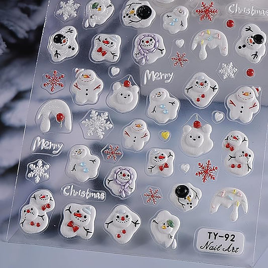 Christmas Nail Art Stickers 5D Embossed Nail Decals Xmas Snowman Winter Red and White Snowflake Design Nail Stickers Decoration for Women Girls 1 Sheet