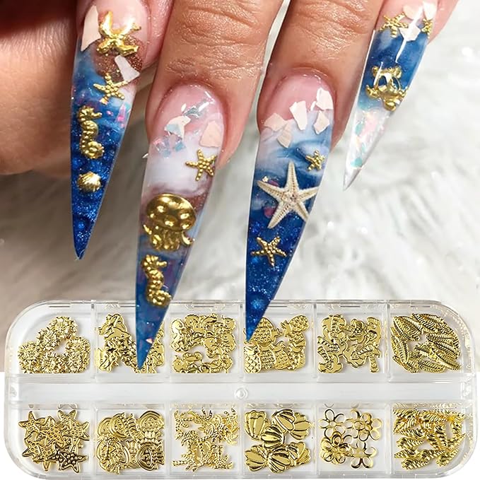 Gold Stars Moon Nail Accessories Golden Metal Shell Seahorse Jellyfish Nail Art Glitter Sequins 3D Golden Flower Nails Supplies Jewelry Studs Nail Decoration Kit Suitable for Women Acrylivc Nail