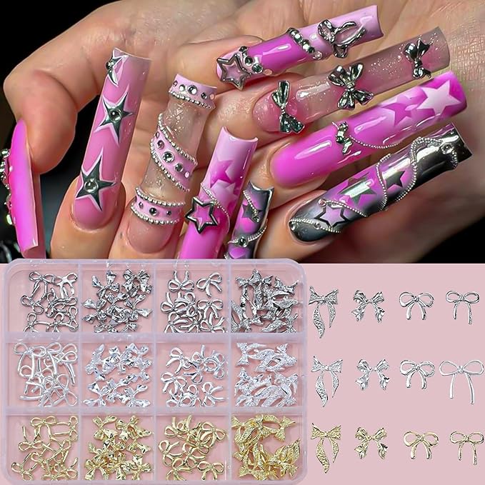 96Pcs/Box 3D Metal Bow Nail Art Charm Gold/Silver Alloy Bows Nail Charm for Nails Art 3D Alloy Bow Tie Jewelry Nail Rhinestone Kawaii Nail Crafts Decor DIY Accessories Manicure Designs Supplies