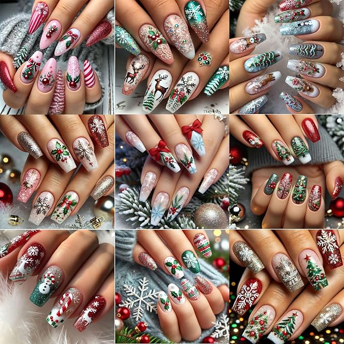 5pcs/Set Christmas Nail Stickers Santa Claus Tree Bell Deer Snowflake Snow Candy Cartoon Elk Nail Art Design 3D Adhesive Nail Stickers for Winter New Year Sliders Decals Manicure Supplies Decoration