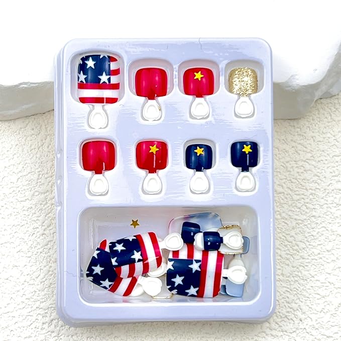 Fourth of July American Flag Press-On Toenails Short Square False Toenails Independence Day Glitter Full Coverage False Toenail Stickers Women Girls Independence Day Nail Art Decorations 24 Pieces