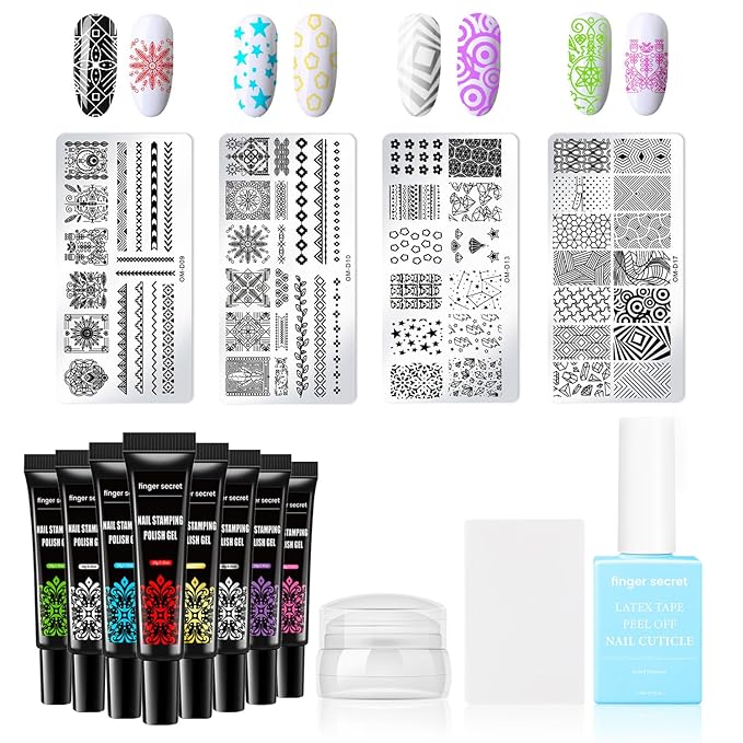 Nail Stamping Gel Polish Kit 4pcs Templates 8 Colors Nail Stamping Polish Gel Unleash Your Creativity with Our Kit Ideal for Home User and Nail Salon SET1