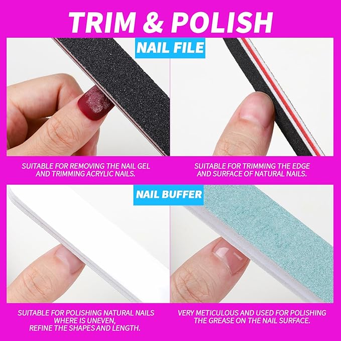 FANDAME Gel Nail Polish Remover Tools Kit, 10 PCS Nail Polish Remover Clips Rose Red, 100ml Nail Polish Remover Bottle, 500PCS Cotton Pad, Nail Brush, Cuticle Pusher, Nail File, Buffer Block Tools kit