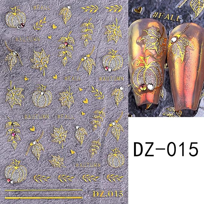 3PCS Fall Nail Art Stickers 5D Embossed Maple Leaf Nail Decals Gold Pumpkins Maple Leaves Glitters Nail Design Stickers Shiny Rhinestones Adhesive Sliders Thanksgiving Day Nail Supplies for Women