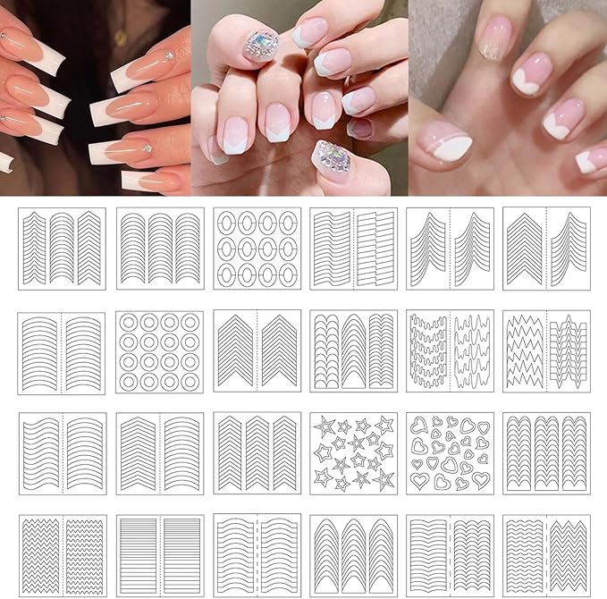 24 Sheets 712 Pieces French Manicure Nail Art Stickers, 32 Designs Self-Adhesive Nail Tips Guides for DIY Decoration Stencil Tools French tip Guides kit (24 Sheets 32 Designs) US291 (24)