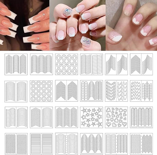 24 Sheets 712 Pieces French Manicure Nail Art Stickers, 32 Designs Self-Adhesive Nail Tips Guides for DIY Decoration Stencil Tools French tip Guides kit (24 Sheets 32 Designs) US291 (24)