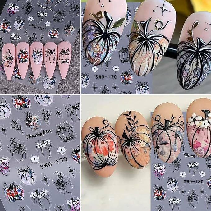 2Sheets Halloween Nail Art Stickers Decals 3D Black Pumpkin Leaf Designs Nail Stickers Self-Adhesive Colorful Flower Nail Decal Pumpkin Star Nail Sticker for Women DIY Manicure Decoration Supplies