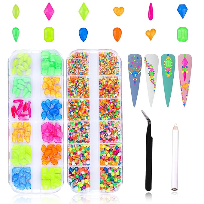 3120Pcs Diamond Nails Rhinestones for Nail Art, HOINCO Colorful Fluorescence Rhinestones for Nails, Multi Shapes Clear AB Flat Back Gemstones for Women Nail Art DIY Craft Jewelry with Tweezers and Pen