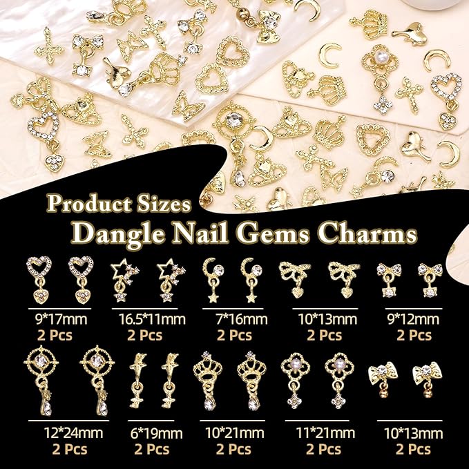100 Pcs Gold Nail Charms and Gems, Gold Dangle Star Bows Nail Gems Charms, Metal Crown Heart Butterfly Charms for Acrylic Nail Art Alloy Cross Nail Charms for Women DIY Accessories