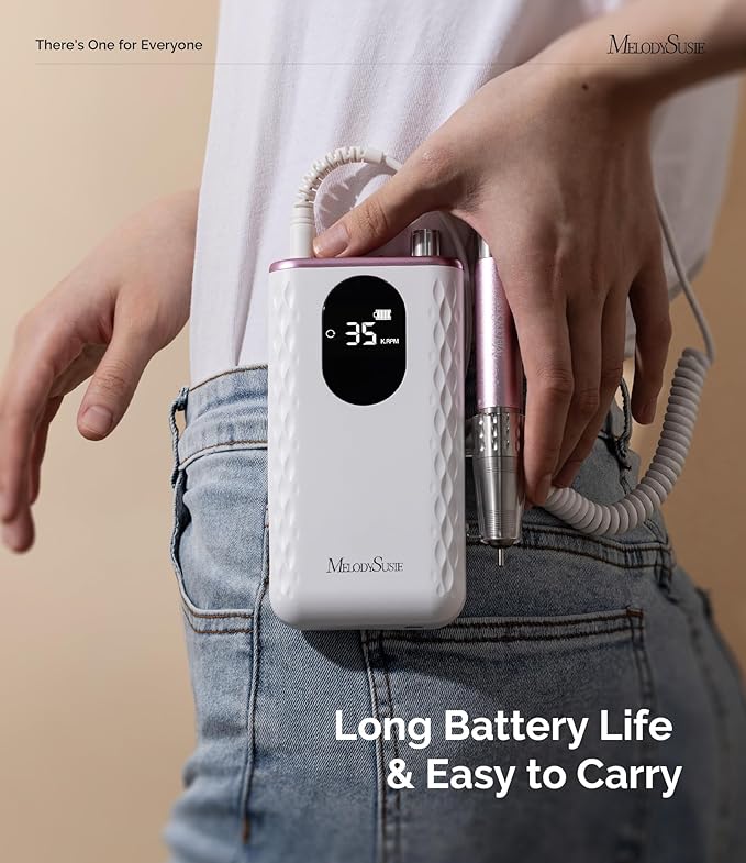 MelodySusie Waist-Mounted Professional Nail Drill MM400D, 35,000RPM Portable Electric Nail File, Low Noise & Low Heat Coreless Motor Machine with 8Pcs Nail Drill Bits Kit, for Manicure at Salon & Home