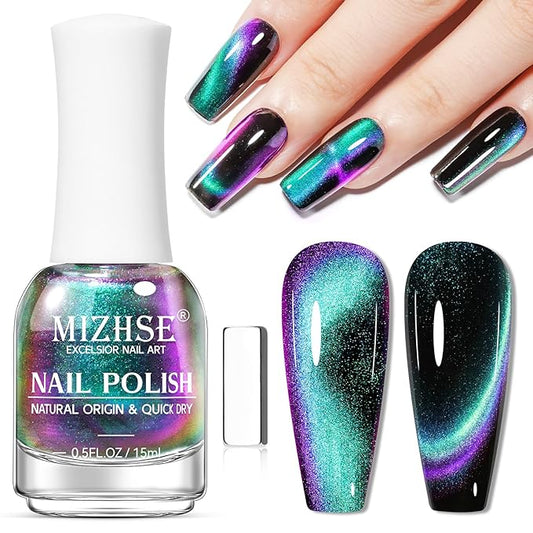 MIZHSE Quick Dry 9D Cat Eye Nail Polish Non Gel, Green to Purple Magnetic Nail Polish with Magnet, Air Drying Fast Cateye Nail Lacquer Galaxy Effect Manicure Home Gift for Women 15ml
