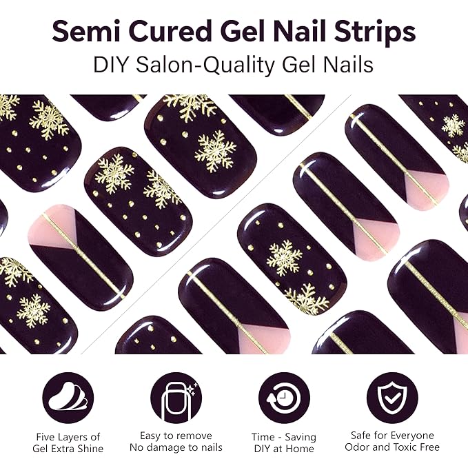 Semi Cured Gel Nail Strips-Holiday Gel Nail Art Stickers Kit Christmas Themed Press On Manicure (Plum Gold Snowflake)