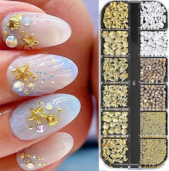 12Grids Summer Metal Nail Art Charms 3D Gold Starfish Shell Conch Nail Charms Sparkly Golden Rhinestone Seahorse Nail Art Jewelry White Pearls Nail Jewelry Ocean Theme Designs Nails Supplies for Women