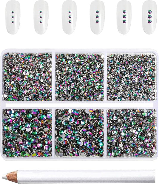 Beadsland 7200pcs Flatback Rhinestones,Green Rhinestone Nail Gems Round Crystal Rhinestones for Crafts,Mixed 6 Sizes with Wax Pencil Kit, SS3-SS10,Green Volcano