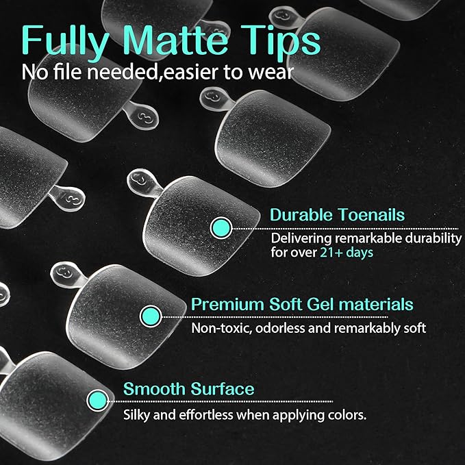 UNA GELLA Toe Nail Tips 216Pcs Short Square False Soft Gel Full Cover Fake Toe Nails Matte Toe Nails 12 Sizes Pre-shape Fake Toenails Gel Toe Nail Tips For Nail Extension Home DIY Nail Salon