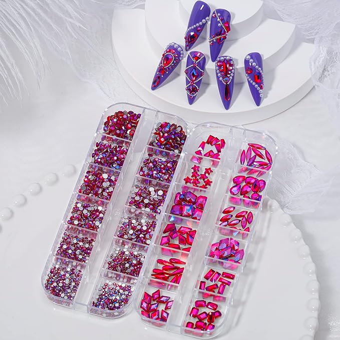HNUIX Nail Rhinestones - 3D Multi Shape Size, Crystal AB Red Nail Gems, Flat Back, with Kit, for Nail Art, DIY Decorations