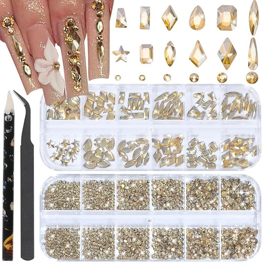 Nail Rhinestones - 3D Multi Shape Size, Flat Back, Manicure Rhinestones Charms, Champagne Gold Gems, with Kit, for Nail Art, Bedazzling Acrylic Nails, DIY Decor