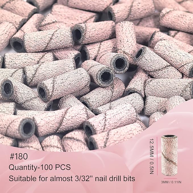 Sanding Bands for Nail Drill Nail Drill Bits Set, Corfulra Upgraded Small Sanding Bands with Mandrel Bit, 100 pcs 180 Fine Grits for Natural Nail, Nail Accessories of Nail Tech Must Haves, Pink