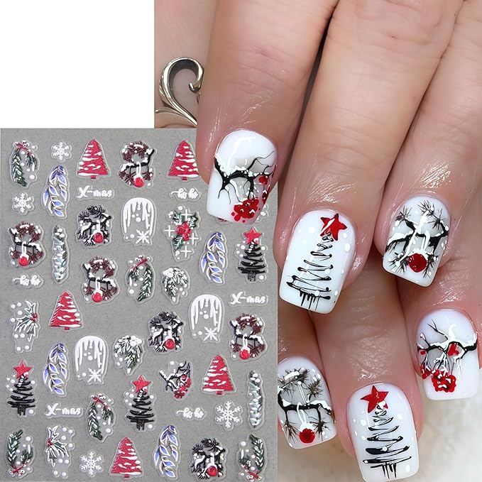 8 Pcs Snowflake Nail Stickers 5D Embossed Self-Adhesive Xmas Snowball Nail Decals Christmas Tree Nail Art Stickers Lantern Ball Holly Leaf Snowmen Nail Supplies for Women Winter Holiday DIY Manicure