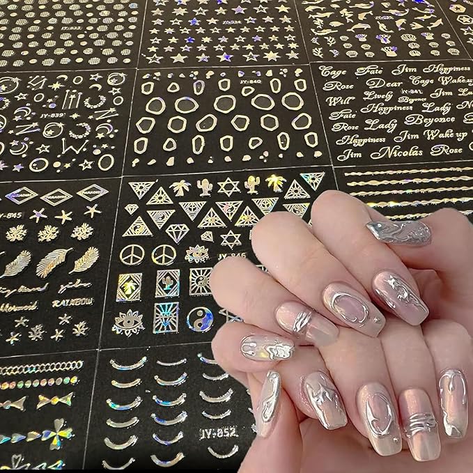 30 Sheets Silver Nail Stickers Aurora Nail Art Stickers 3D Embossed Self Adhesive Nail Decals Holographic Line Letter Nails Design Summer Nail Art Decals for Women Manicure DIY Decoration