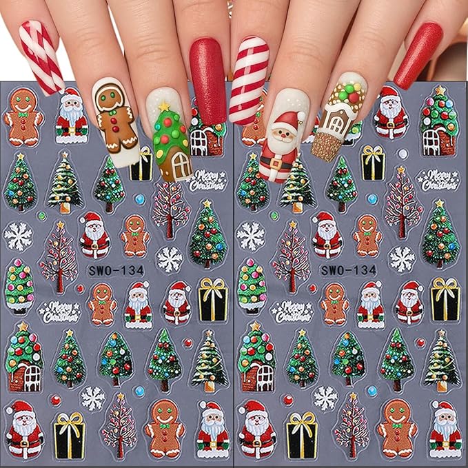 5D Embossed Christmas Nail Art Stickers Winter Cute Christmas Tree Snowflake Snowman Santa Claus Gift Nail Stickers Xmas Holiday Nail Decals for Women DIY Manicure Tips Nail Decorations 4 Sheets