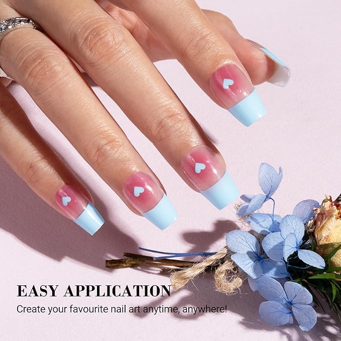 MelodySusie Semi Cured Gel Nail Strips, 20 PCS Gel Nail Stickers, Gel Nail Wraps, UV Light Required, Durable and Salon Quality (Blue and Heart)