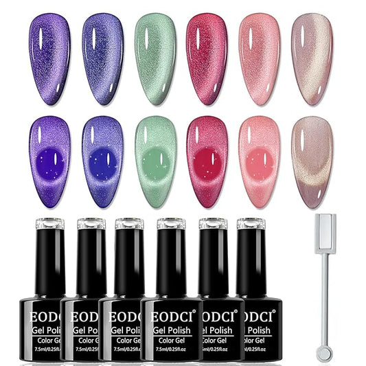 Cat Eye Gel Nail Polish Set - 6 Colors Magnetic Gel Polish with Glitter & Holographic Effect, Semi-Transparent Soak Off LED Nail Art DIY Salon Gifts for Women