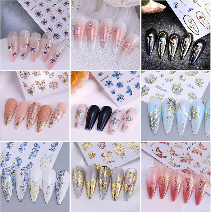 3D Flower Nail Art Stickers Decals Luxury Flower Petal Stickers with Tweezers 12 PCS Self Adhesive Pink Purple Blue Floral Gold Edge Decals Cherry Blossom Lily Summer DIY Manicure Nail Art Decoration