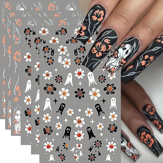 6 Sheets Halloween Nail Art Stickers Cute Pumpkin Flower Ghost Nail Decals 3D Self-Adhesive Hibiscus Ghost Nail Design Nail Supplies White Ghost Pumpkin Nail Decorations for Women DIY Holiday Manicure