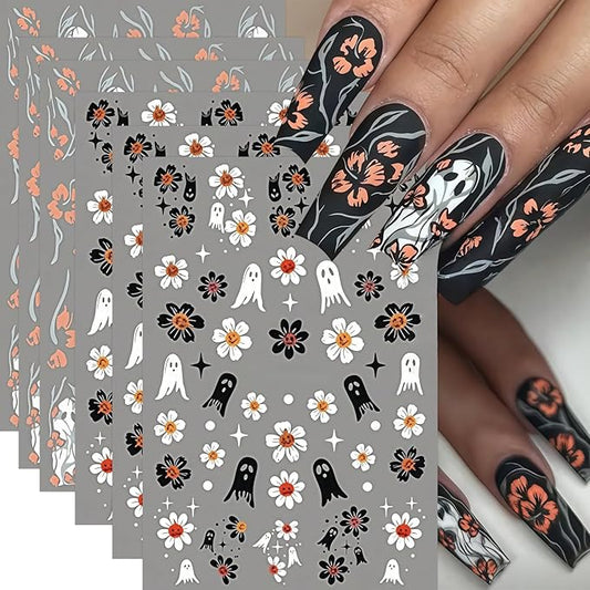 6 Sheets Halloween Nail Art Stickers Cute Pumpkin Flower Ghost Nail Decals 3D Self-Adhesive Hibiscus Ghost Nail Design Nail Supplies White Ghost Pumpkin Nail Decorations for Women DIY Holiday Manicure