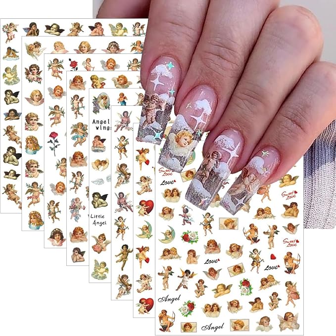 8 Sheets Angel Nail Art Stickers 3D Self-Adhesive Rose Flowers Nail Stickers Decals Cupid Love Heart Wings Nail Art Design Stickers Valentine's for Women Acrylic DIY Manicure Decorations