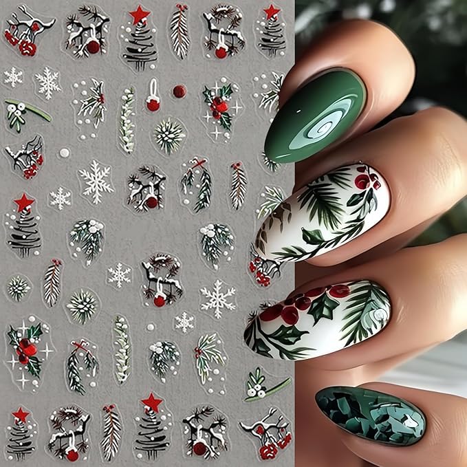 4 Sheets Christmas Nail Art Stickers Christmas Holly Nail Decals Relief Holly Leaf Christmas Tree Elk Nail Supplies White Snowflake Nail Design for Women New Year Xmas Holiday Nail Decor Accessories