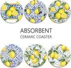 Coasters for Drinks, Ceramic Stone Yellow Blue | Absorbent Round Lemon Fruit - Image 6