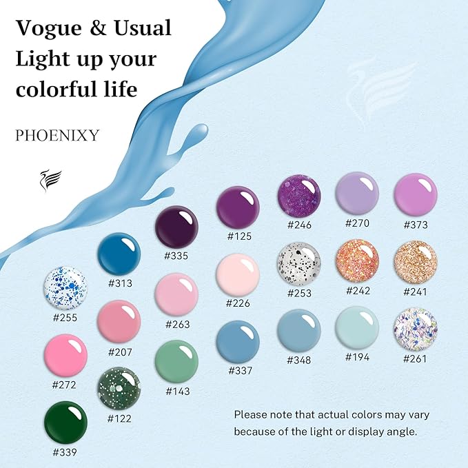 phoenixy 24 PCS Gel Nail Polish Kit，Blue Colors Gel Polish Set with Base Glossy Matte Top Coat Purple Pink Nail Polish Set