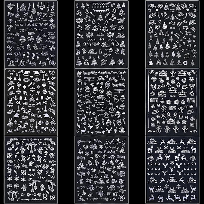 HNUIX Nail Stickers - 3D Christmas, Self Adhesive Nail Decals, Multi Pattern, Silver, 9 Sheets, for Nail Art