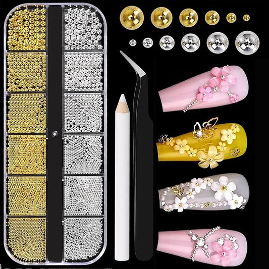 Mini Small Nail Beads Silver Gold Nail Charms and Gems Ball Metal Caviar Bead, Nail Chain for Nail Art Accessories Supplies Gold Rhinestones for Women Manicure 2