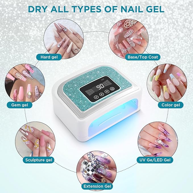 Aedavey Cordless Nail Lamp, Rechargeable UV Nail Lamp for Gel Nails, LED Nail Lamp with 4 Timer Modes, Gel Nail Light Decorate with Sparkling Nail Rhinestones Diamond (Sparkly Blue Diamond)