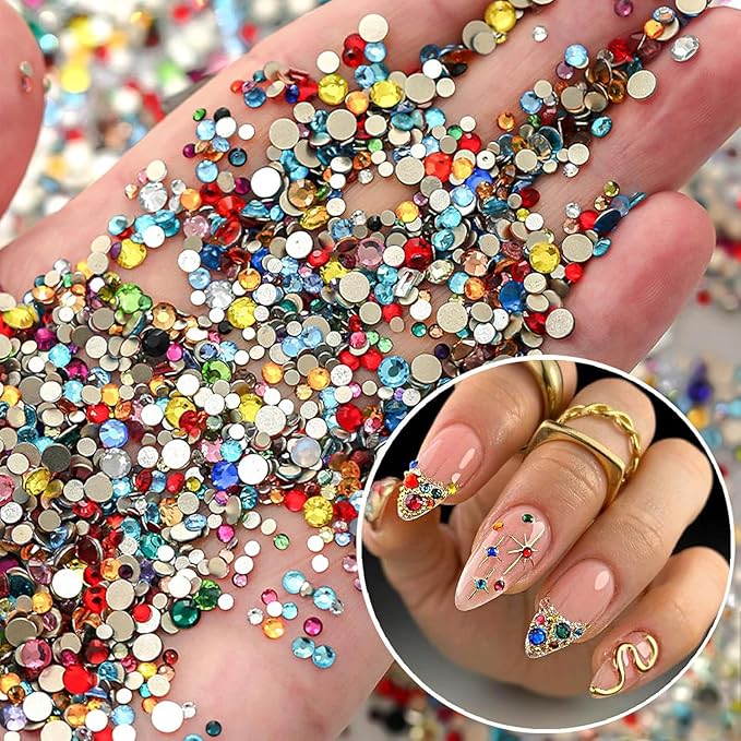 Colorful Rhinestones Nail Art Charm 3D Mini Small Diamond Flat Back Nail Charm Rhinestones Rounded Nail Diamonds Crystal Flatback Nail Gems Bling Nail Jewelry Manicure Decoration Accessories 1440Pcs