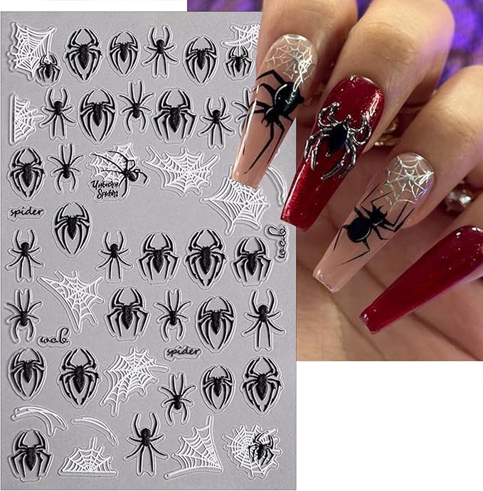 4 Sheets Halloween Nail Stickers for Nail Art 5D Embossed Self-Adhesive Spider Web Nail Art Stickers White Black Spider Nail Decal for Women Girls Scary Halloween Manicure Decoration