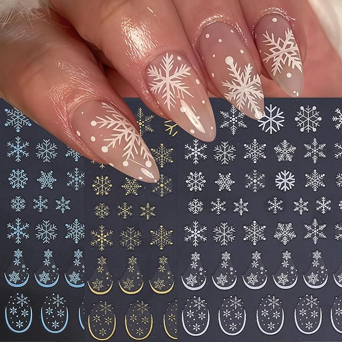 6 Sheets Christmas Nail Art Stickers 3D Self-Adhesive White Snowflake Nail Decals Winter Gold White Blue Snowflake French Nail Design Holiday DIY Manicure Decoration Supplies Accessories for Women