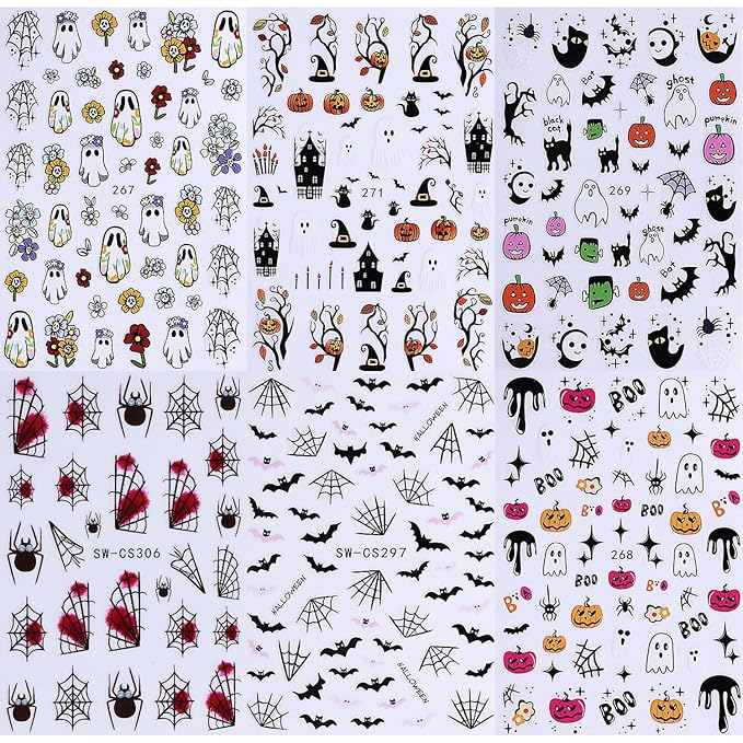 6 Sheet Halloween Nail Stickers 3D Self-Adhesive Nail Art Stickers Decals with Bat Spider Web Design Nail Stickers for Nail Art Flower Ghost Manicure Decoration for Women Nails Supplies