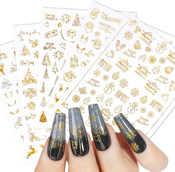 HNUIX Nail Stickers - 3D Christmas, Self Adhesive Nail Decals, Multi Pattern, Gold, 9 Sheets, for Nail Art