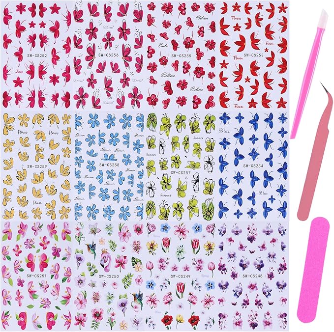 Flower Petal Nail Art Sticker 12 PCS Simple French Floral Nail Decals Lily Orchid Leaves Flamingo Designs with Tweezers Hot Pink Blue Purple Green Flower Sliders Nail Art Decoration DIY Accessories