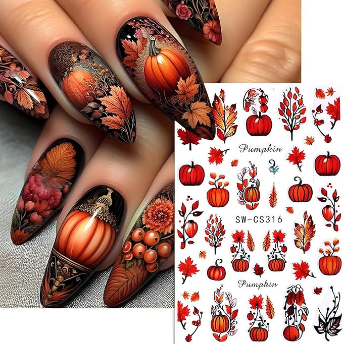 Fall Maple Leaves Nail Art Stickers for Thanksgiving, Fall Pumpkin Nail Decals 3D Self-Adhesive with Maple Leaves Design 6Pcs Fall Glitter Nail Art Supplies for Women Nail Decoration