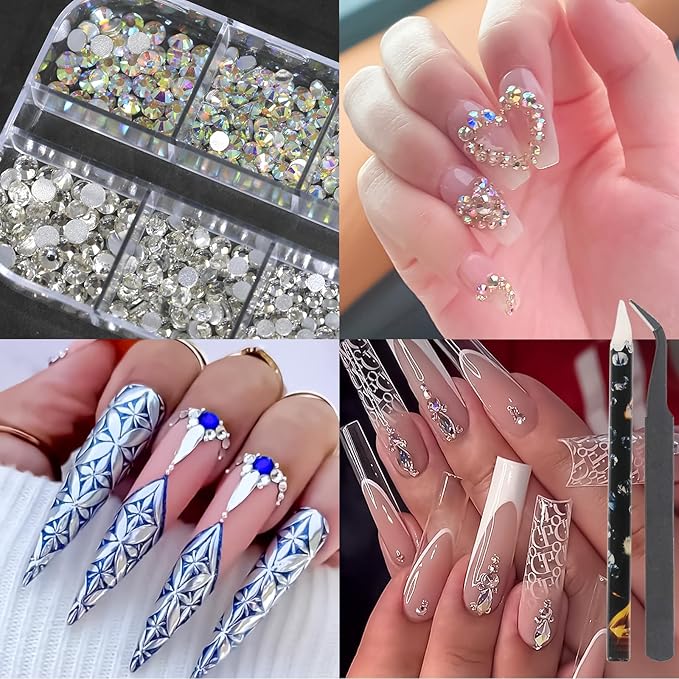 HNUIX Nail Rhinestones and Pearls Nail Charms, 4Box Crystals Nail Gems, Rhinestones, Pearl for Nails Gemstones Bling for DIY Nail Art Decor , with Wax Pencil and Tweeze