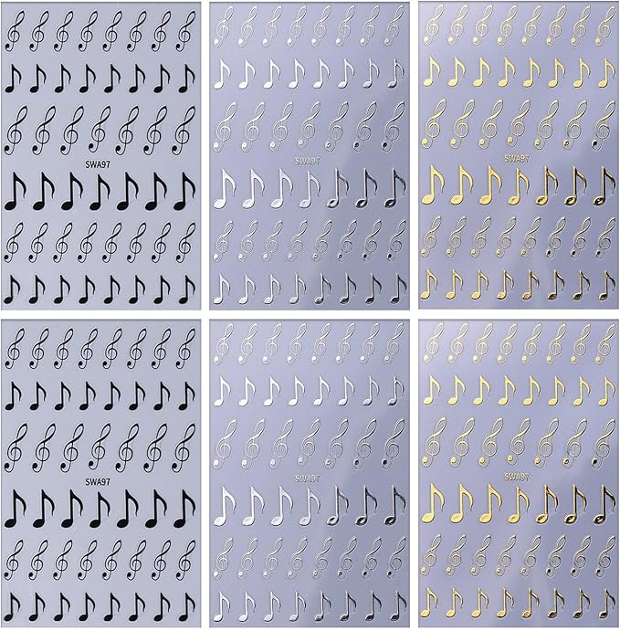 6 Sheets Musical Symbols Nail Art Stickers 3D Self-Adhesive Nails Sticker Music Notation Nails Art Decals Holographic Music Decal Decoration for Women Silver Black Manicure Stickers DIY Nail Supplies