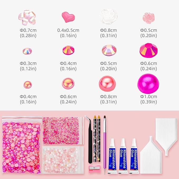 160g Peach Pink Flat Back Pearls Rhinestones with Gel for Crafts Mixed Size 3mm-10mm AB Color Round Half Pearls Flatback Pearl Beads and Resin Rhinestones Set for Face Art
