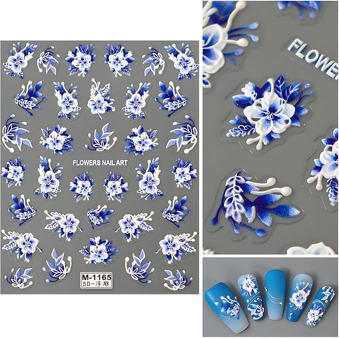 5D Embossed Flowers Nail Stickers for Nail Art Self Adhesive Blue White Flowers Nail Decals Spring Summer Nail Art Stickers Decoration Accessories for Women and Girls