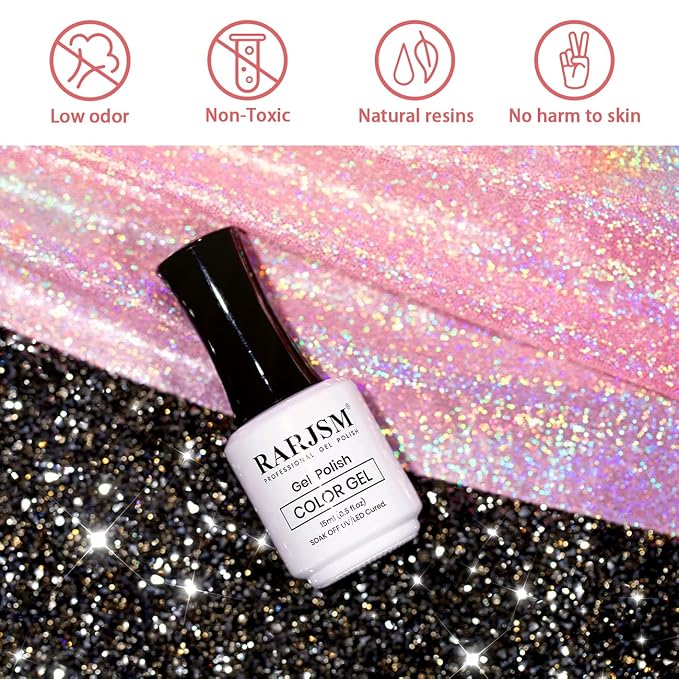RARJSM Reflective Gel Polish Glitter Pink Nude Sheer Pink Jelly Gel Nail Polish Natural Skin Tone Sparkle Flash Rainbow Diamond Silver Shimmer Soak off Curing Requires Home Salon 15ml Single Bottle